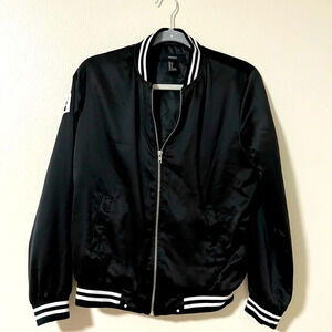 Bomber Jacket Black Sateen Size Small Detroit Pizza quirky kitschy cuffed sleeve